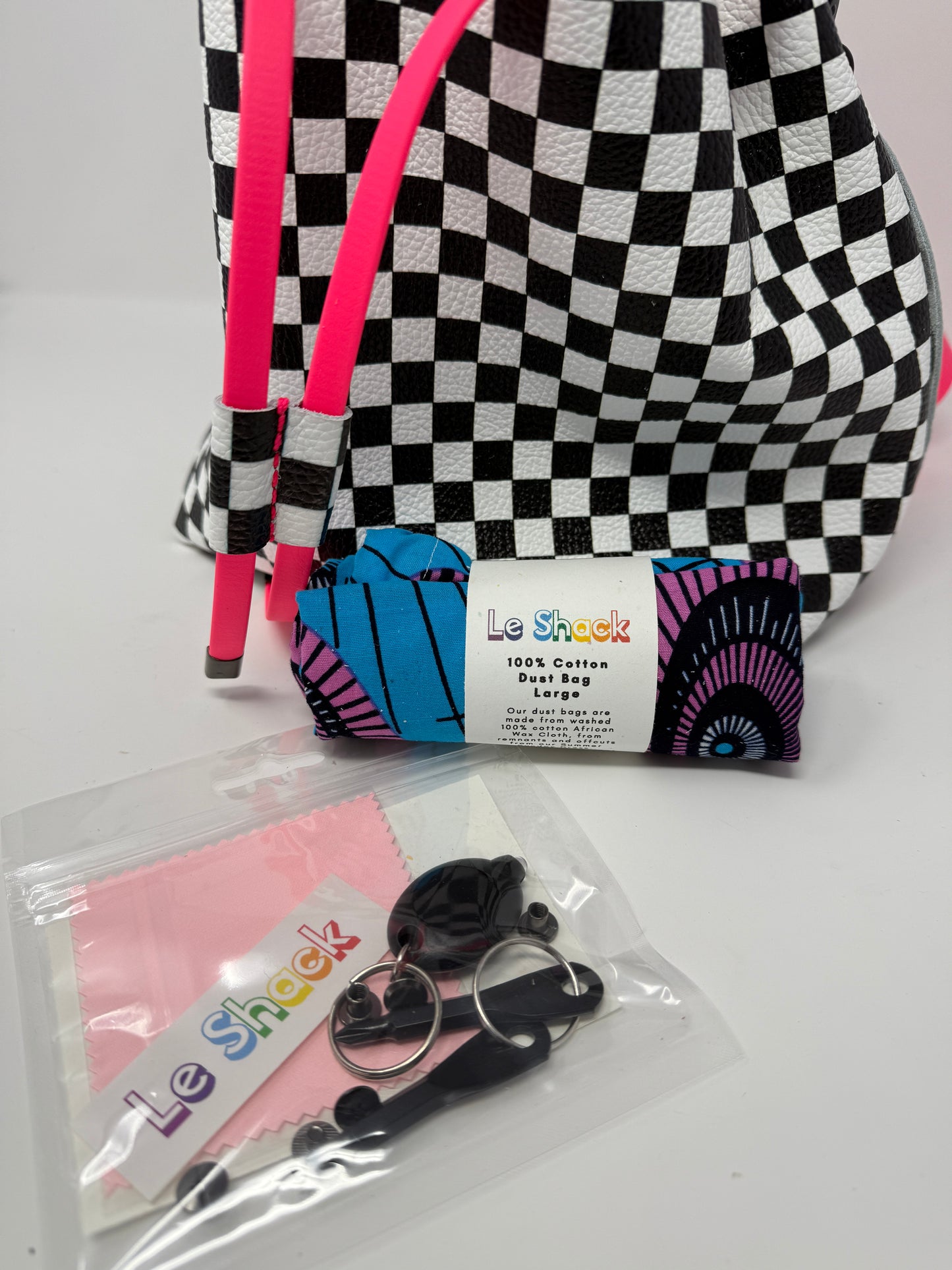 Checkerboard Leather Drawstring Bucket Shoulder Bag