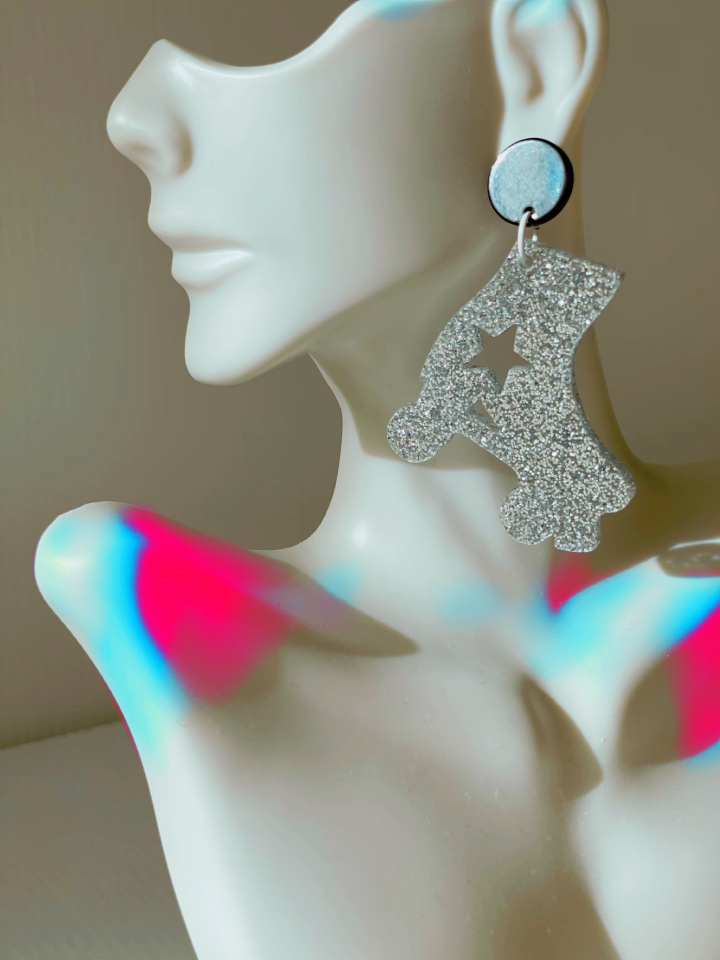 Jumbo Silver Glitter Roller Skate Charm Earrings