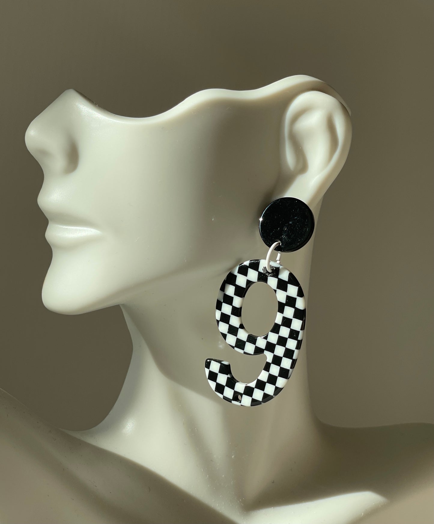 Year-rings -black and white checkerboard number 9 earrings