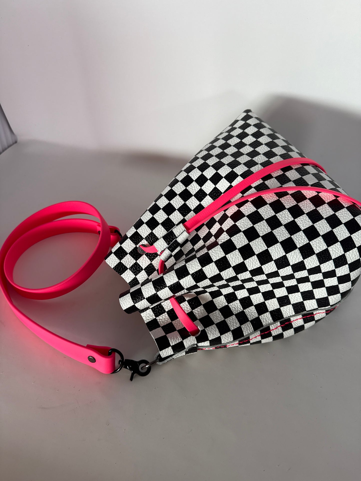 Checkerboard Leather Drawstring Bucket Shoulder Bag