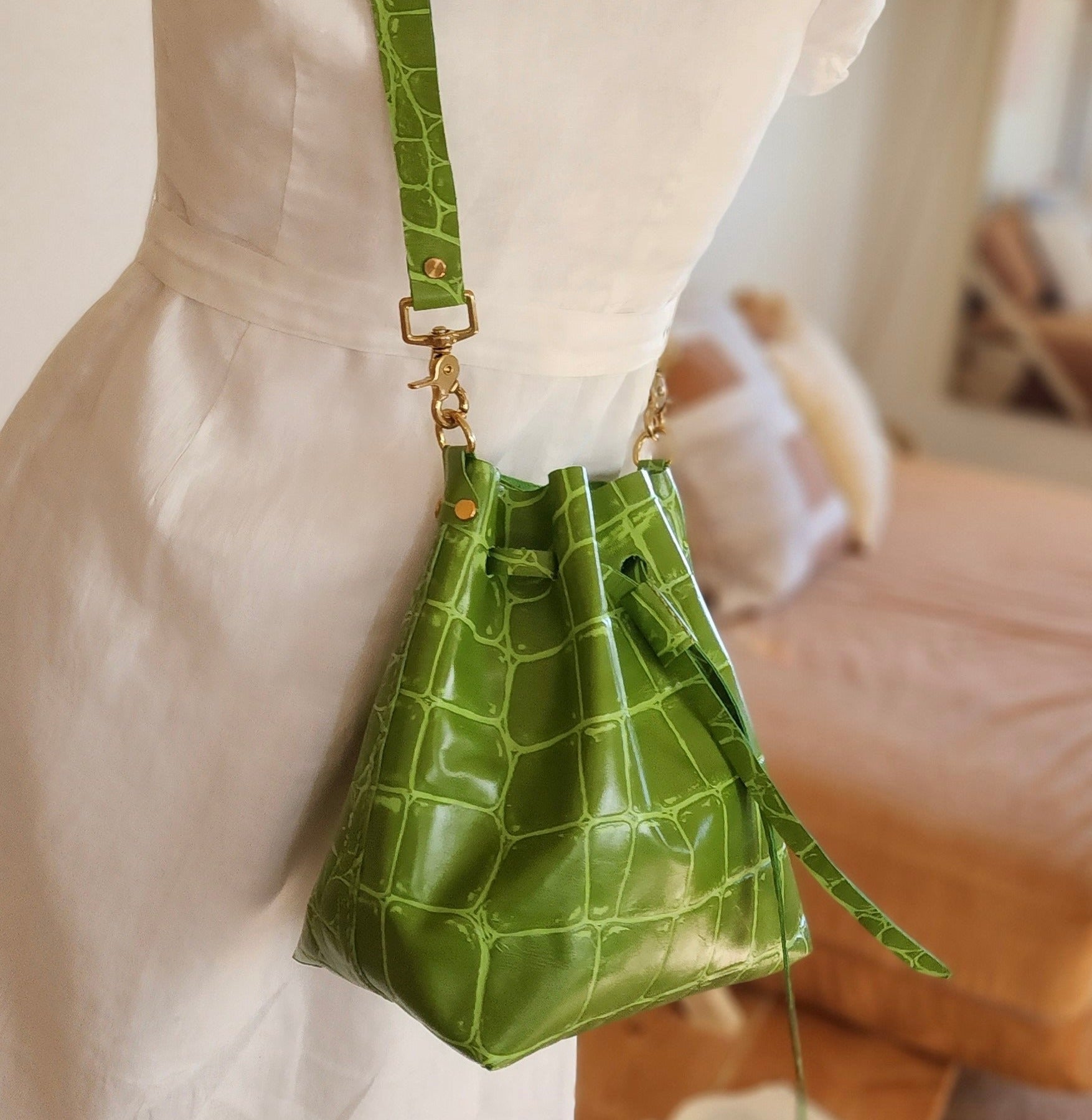 Olive Green Jumbo Croc Embossed Drawstring Crossbody Bucket Bag