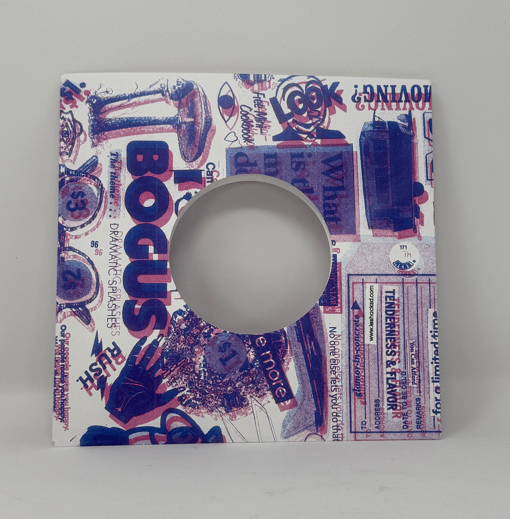 7" Record sleeve in heavy cardstock in Bogus print in blue and pink