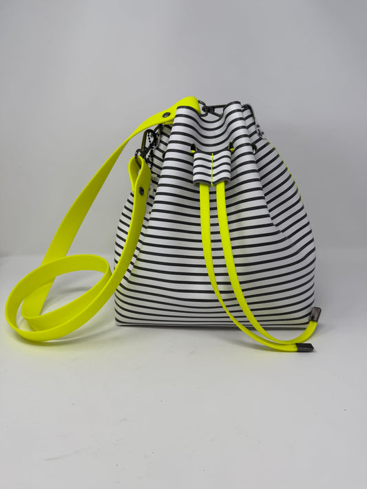 Black and White Striped Leather Drawstring Bucket Crossbody Bag