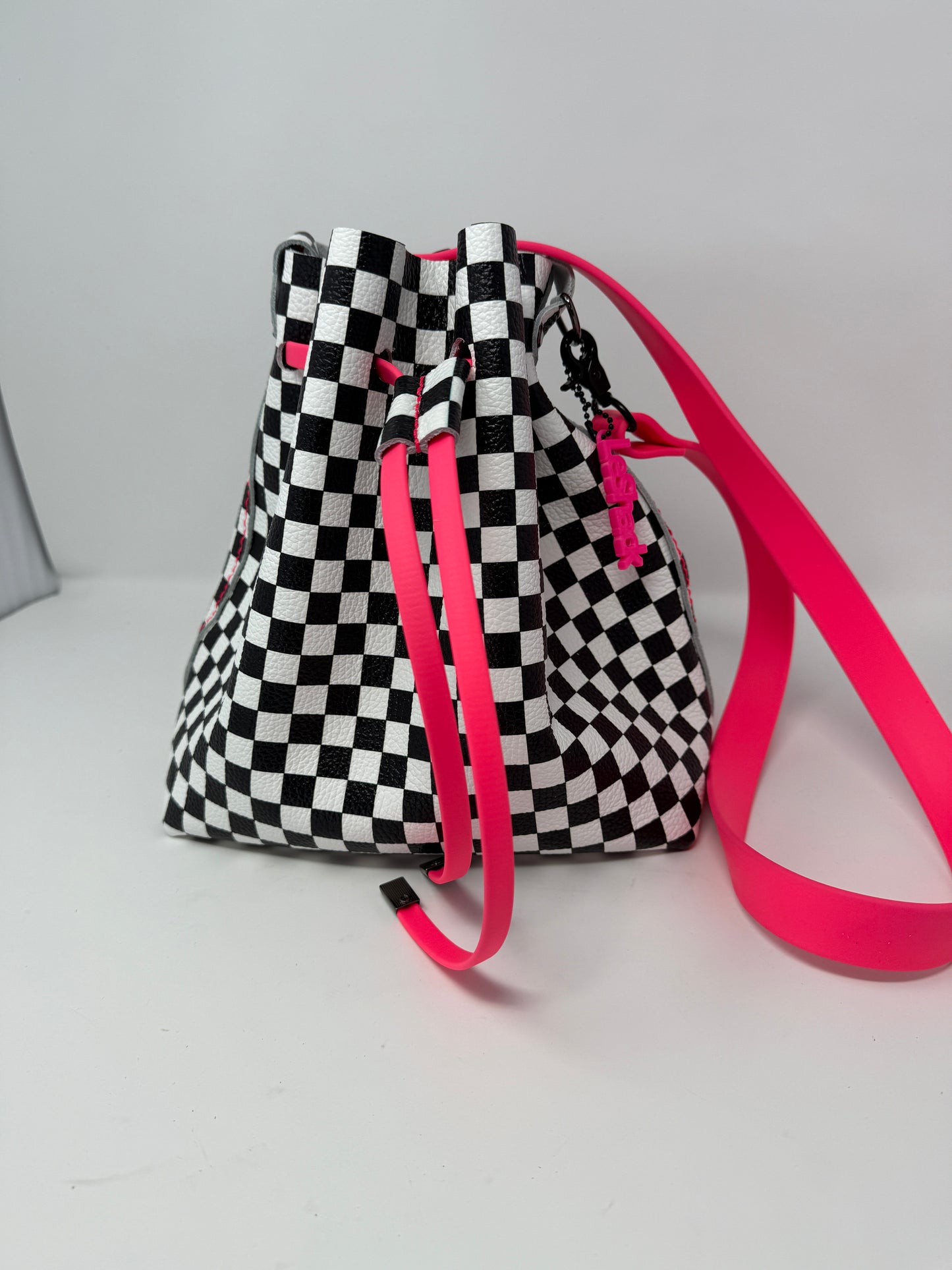 Checkerboard Leather Drawstring Bucket Shoulder Bag