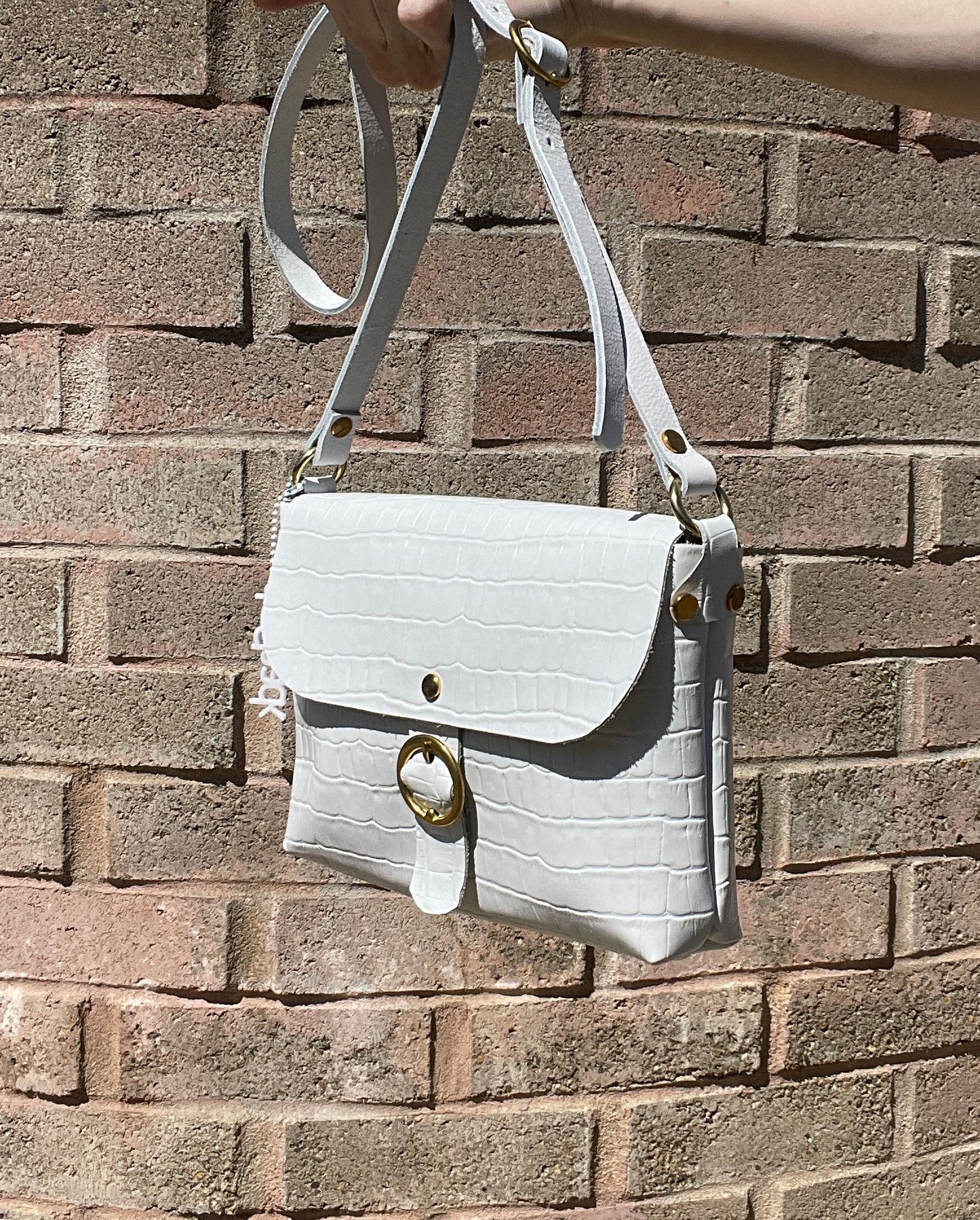 White Embossed Leather Small Crossbody Flap Messenger Bag