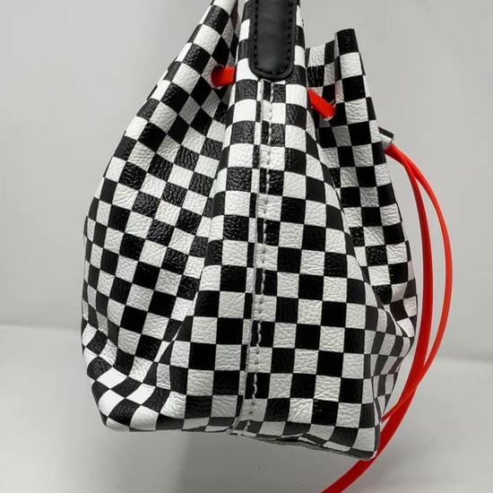 Checkerboard Leather and Neon Orange Drawstring Crossbody Bucket Bag