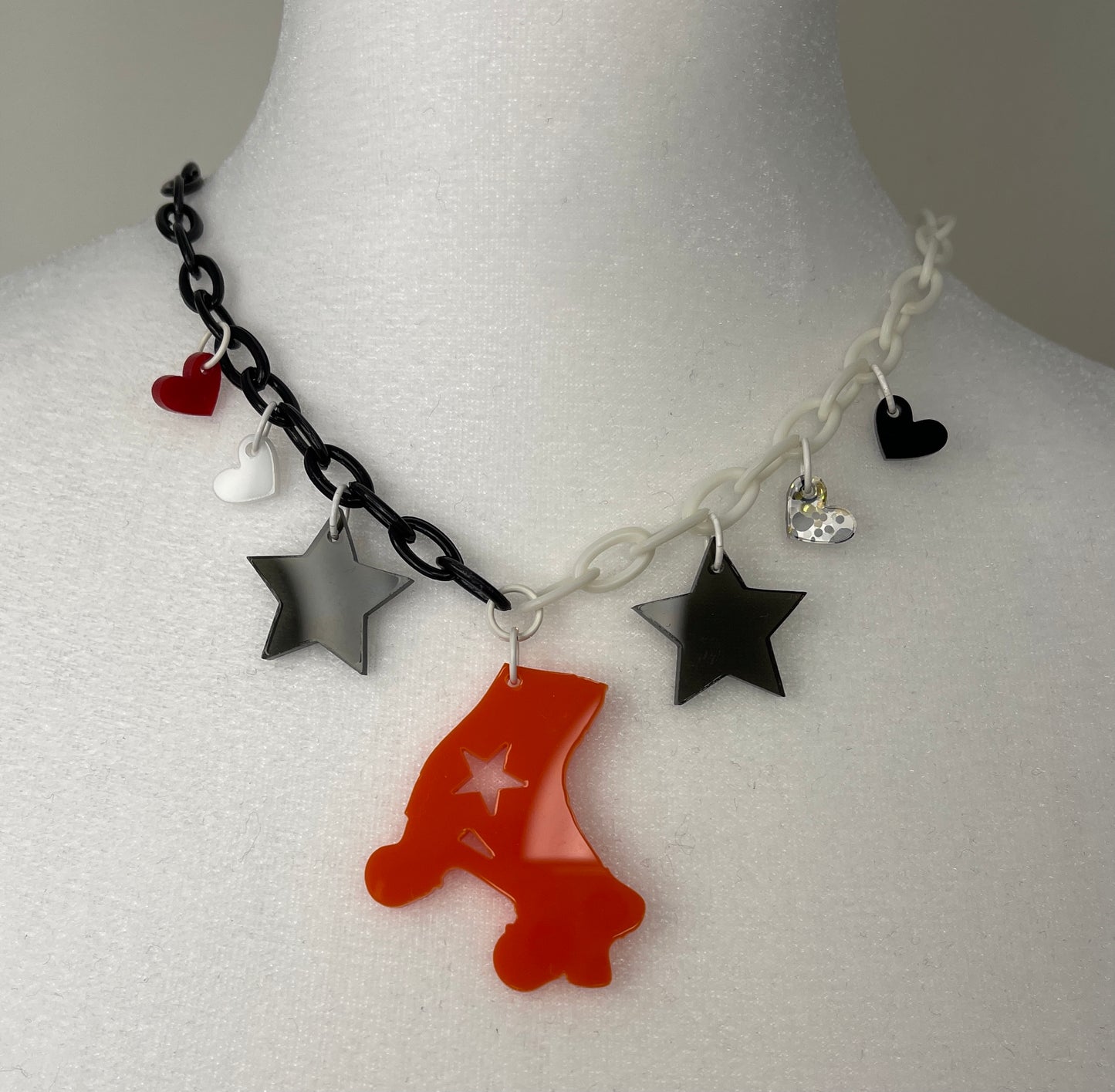 Fantastic Plastic Black, White and Red Roller Skate Necklace - One Of a Kind!